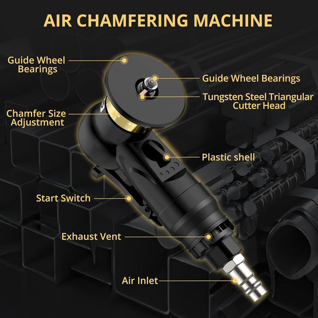AMTOVL Pneumatic Chamfering Tool - Mini Air Chamfer Tool with 6 C-Angle & 6 R-Angle Blades, 45° 30000 RPM Chamfering Tool for Metal and Wood with 1/4" Air Inlet