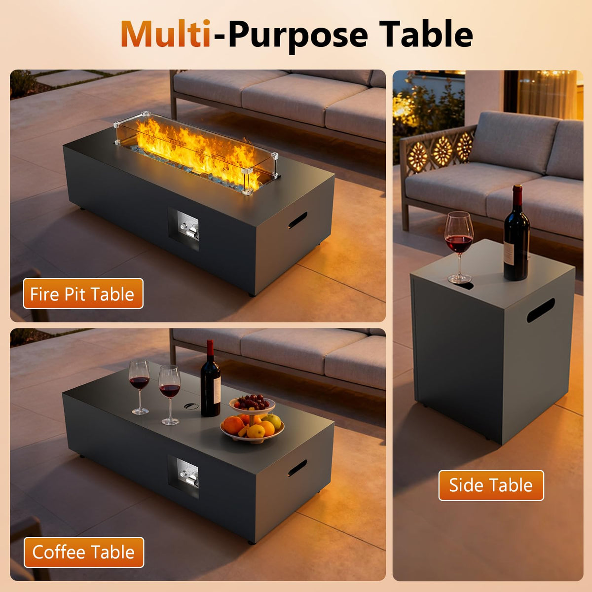 2-Piece 42" Rectangular Propane Fire Pit Table for Outside Patio 50,000 BTU