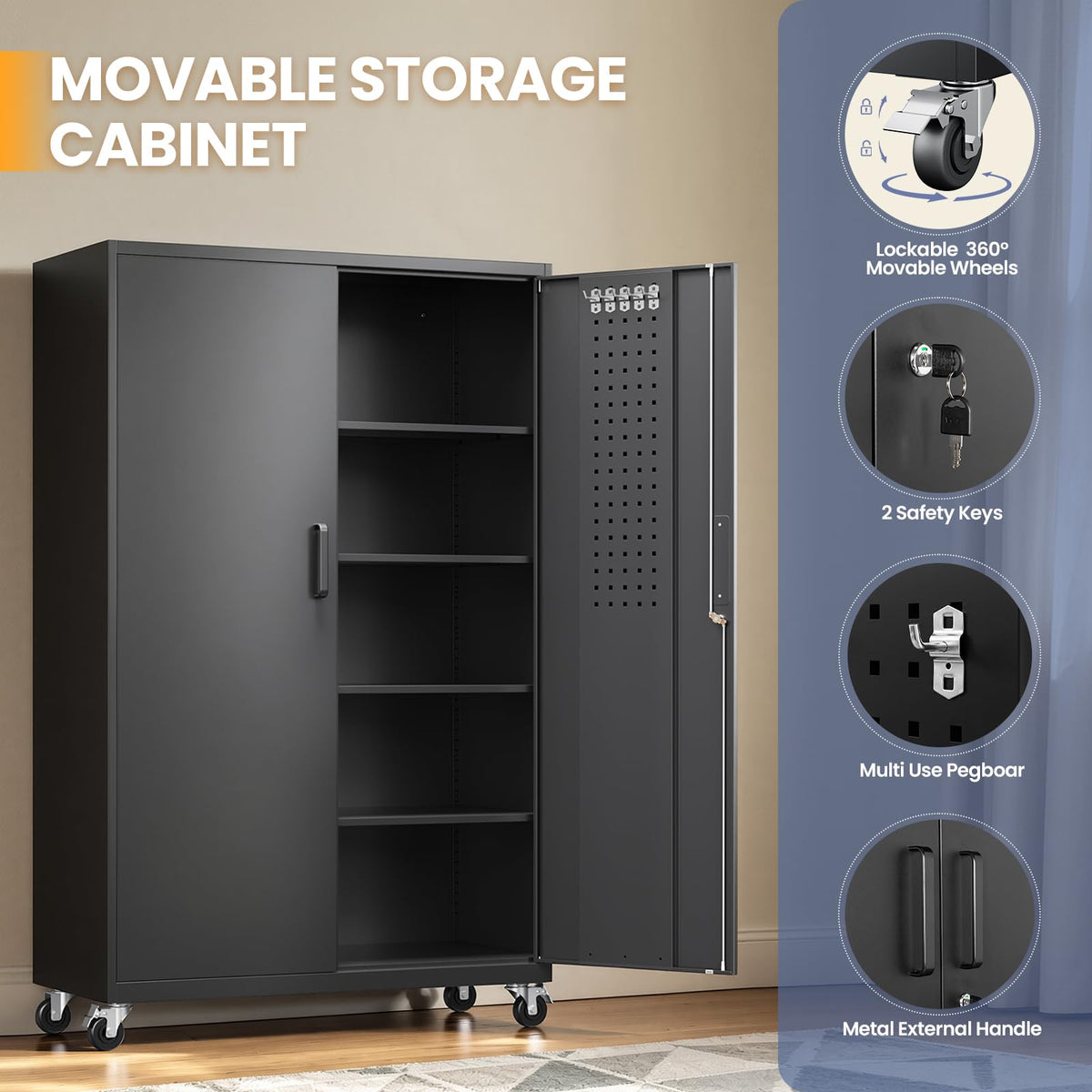 Metal Garage Storage Cabinet with Locking Doors and Adjustable Shelves,- 71" Rolling Steel Tool Cabinet for Home