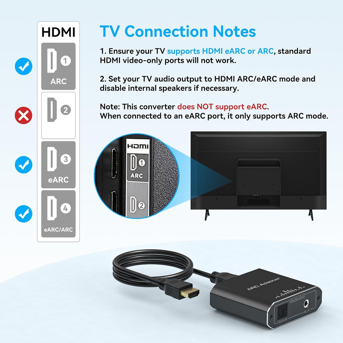 HDMI ARC Audio Extractor Only Work for HDTV ARC to Optical HDMI ARC to RCA Audio Converter Adapter RCA to 3.5MM