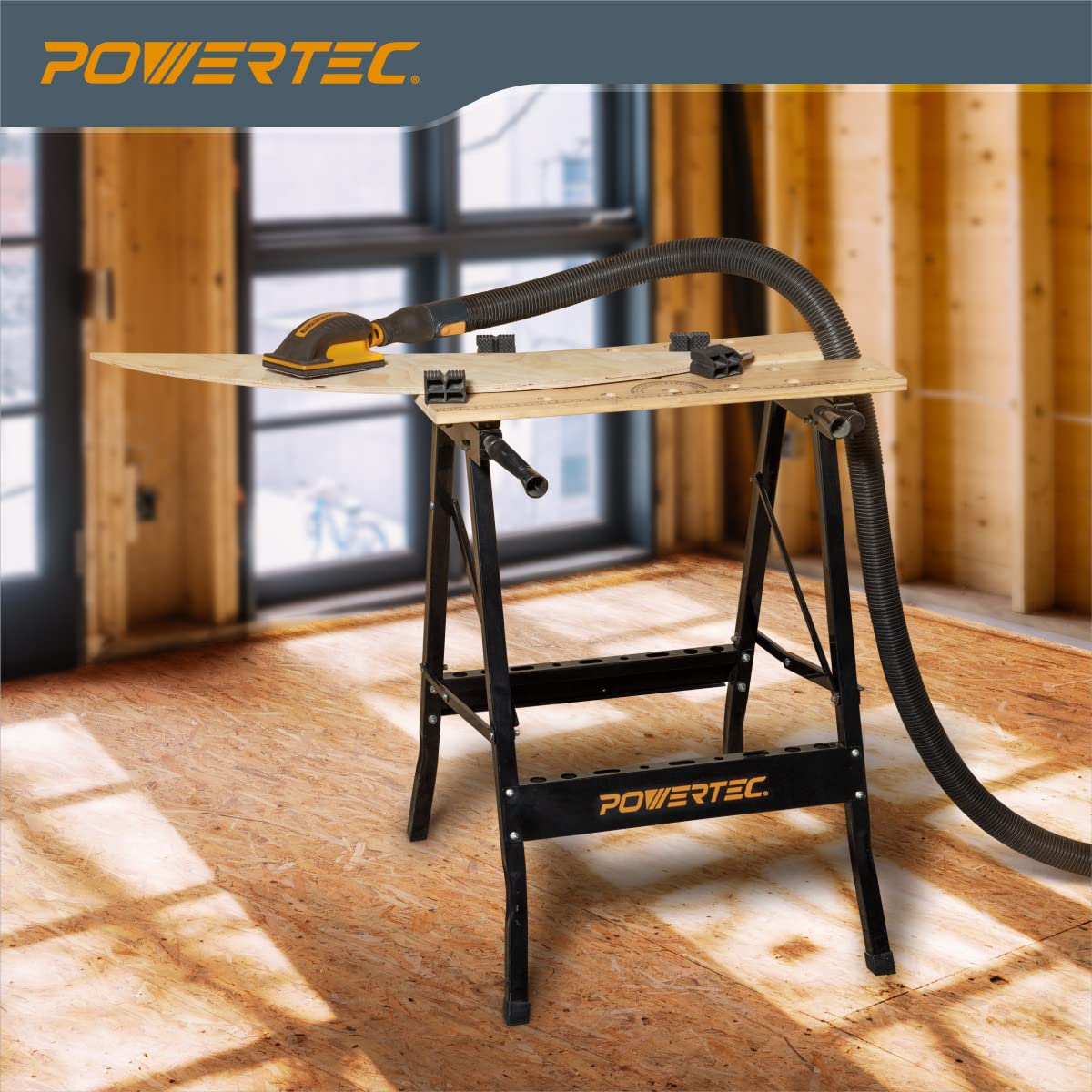 Portable Small Workbench with Vise, Imprinted Ruler and Protractor Scale, Folding Sawhorse/Worktable and 4 Bench Dogs