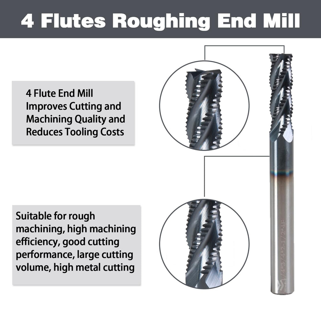 XYunEnZ 1/4" 4 Flute Roughing End Mill AlTiN Coated Carbide, 5Pcs