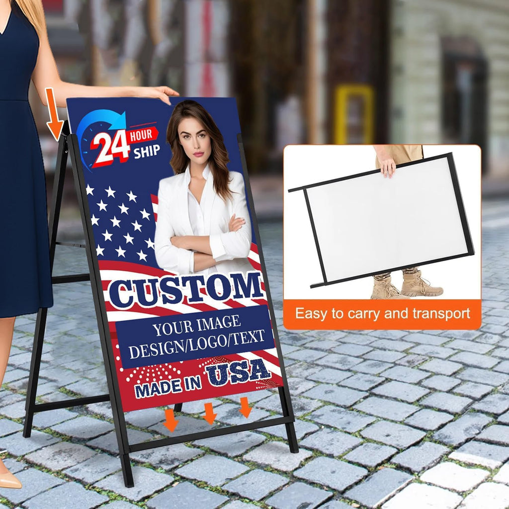 Custom A-Frame Sidewalk Sign 24" x 36" Frame & Printing – Single-Sided Design Your Own Logo, Image or Text | Heavy