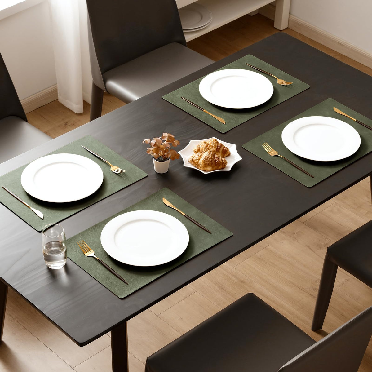 Vinyl Faux Leather Placemats, Set of 6, Olive Green