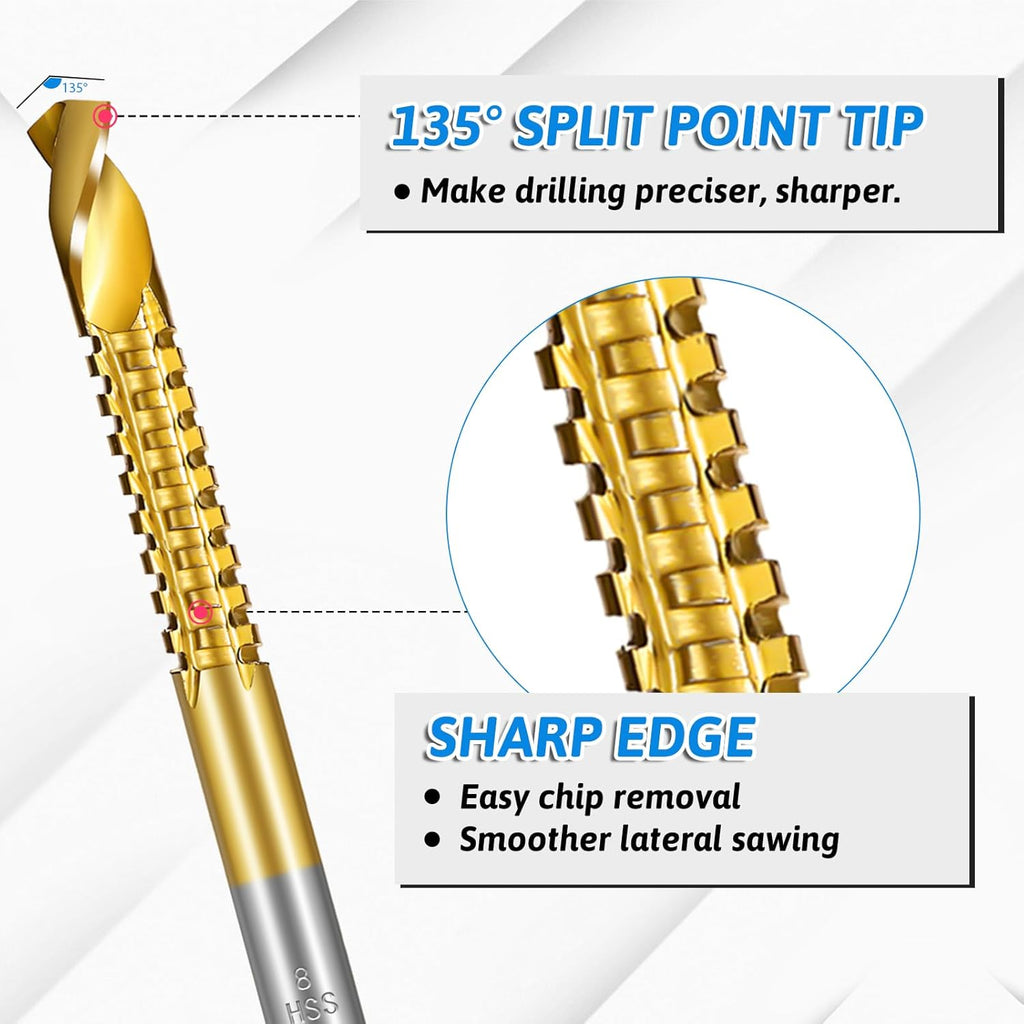 8 Pack Titanium Coated HSS Twist Drill Bits, 3-10mm Serrated Side Cutting Drill Bit, Hex Shank Serrated Cutting Drill Bits, Drill Bit Woodworking Tools, Hole Holesaw Tool for Plastic Metal Wood Hole