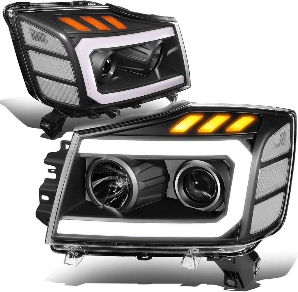DNA MOTORING HL-HPL-NARN04-BK-CL1 Clear Lens Reflector Headlights Compatible with 04-15 Nissan Titan 05-07 Armada 3D LED Running Light Bar Amber Turn Signal
