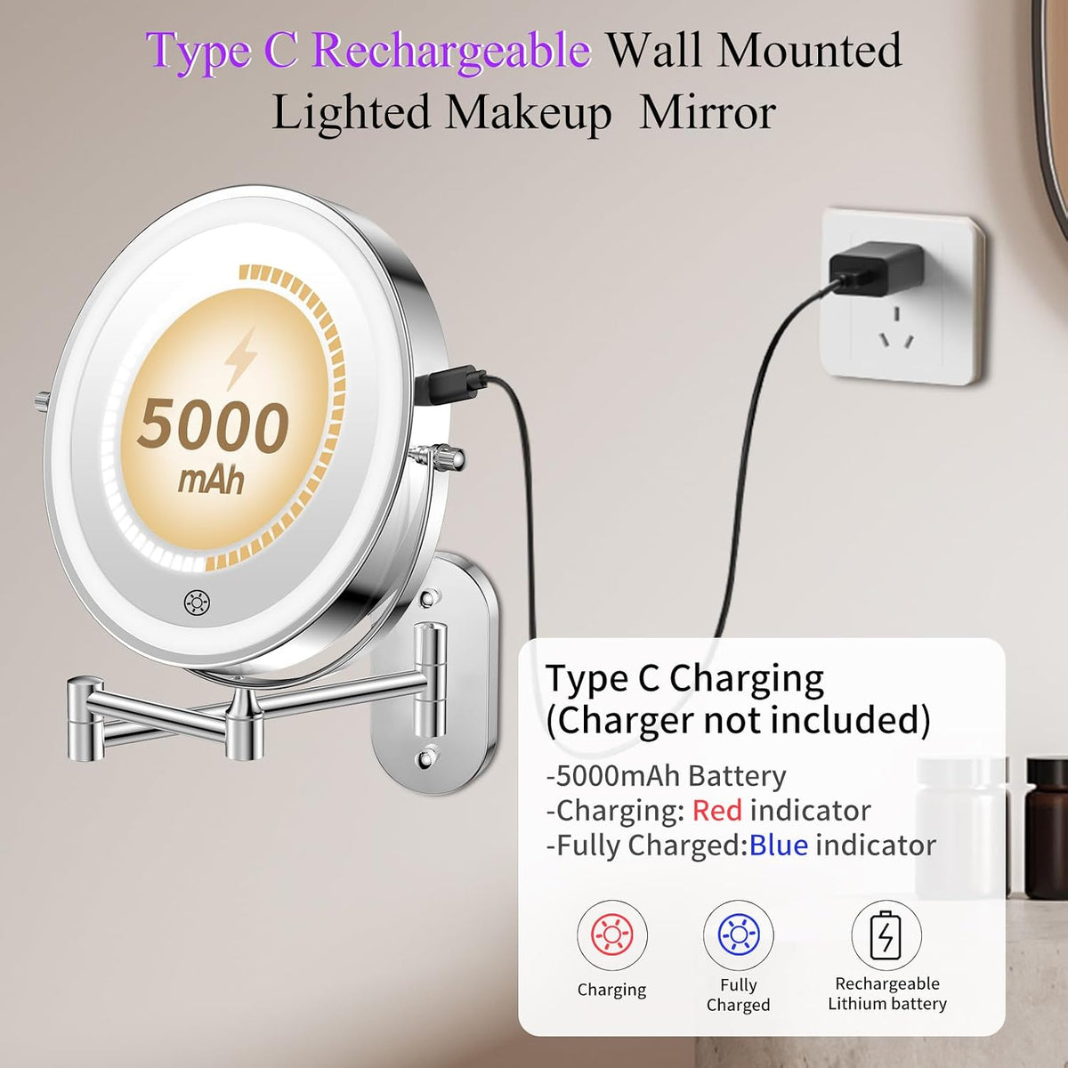 5000mAh Rechargeable Wall Mounted Lighted Makeup Mirror 1X30X | Double Sided 1X 30X Magnifying, 3 Color Lighting
