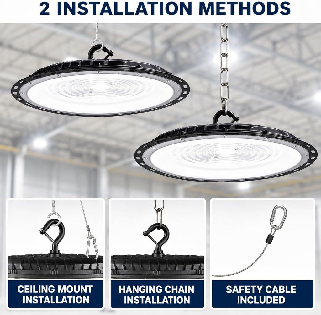 PARMIDA (10 Pack) UFO LED High Bay Light, 150W, ETL, Dimmable 0-10V, 5000K, IP65 Waterproof 19500LM Commercial Bright Shop Light Fixture for Factory, Warehouse, Workshop, Barn with 5' US Plug, US Hook