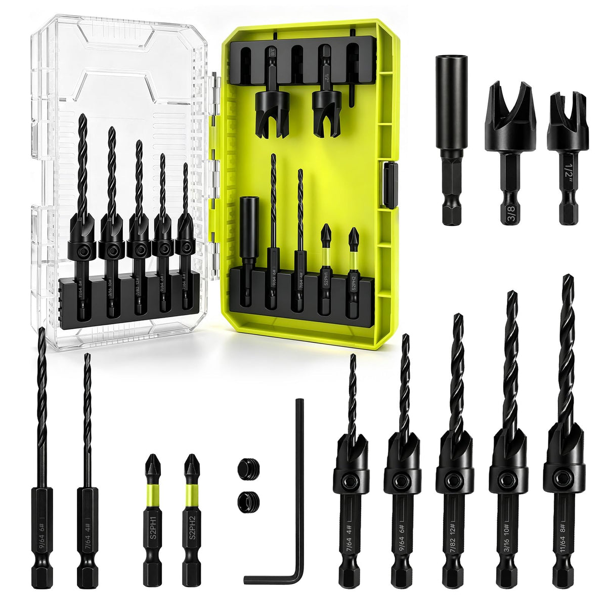 SEESE Countersink Drill Bit Set: 15 PCS Depth-Adjustable Tapered Bits