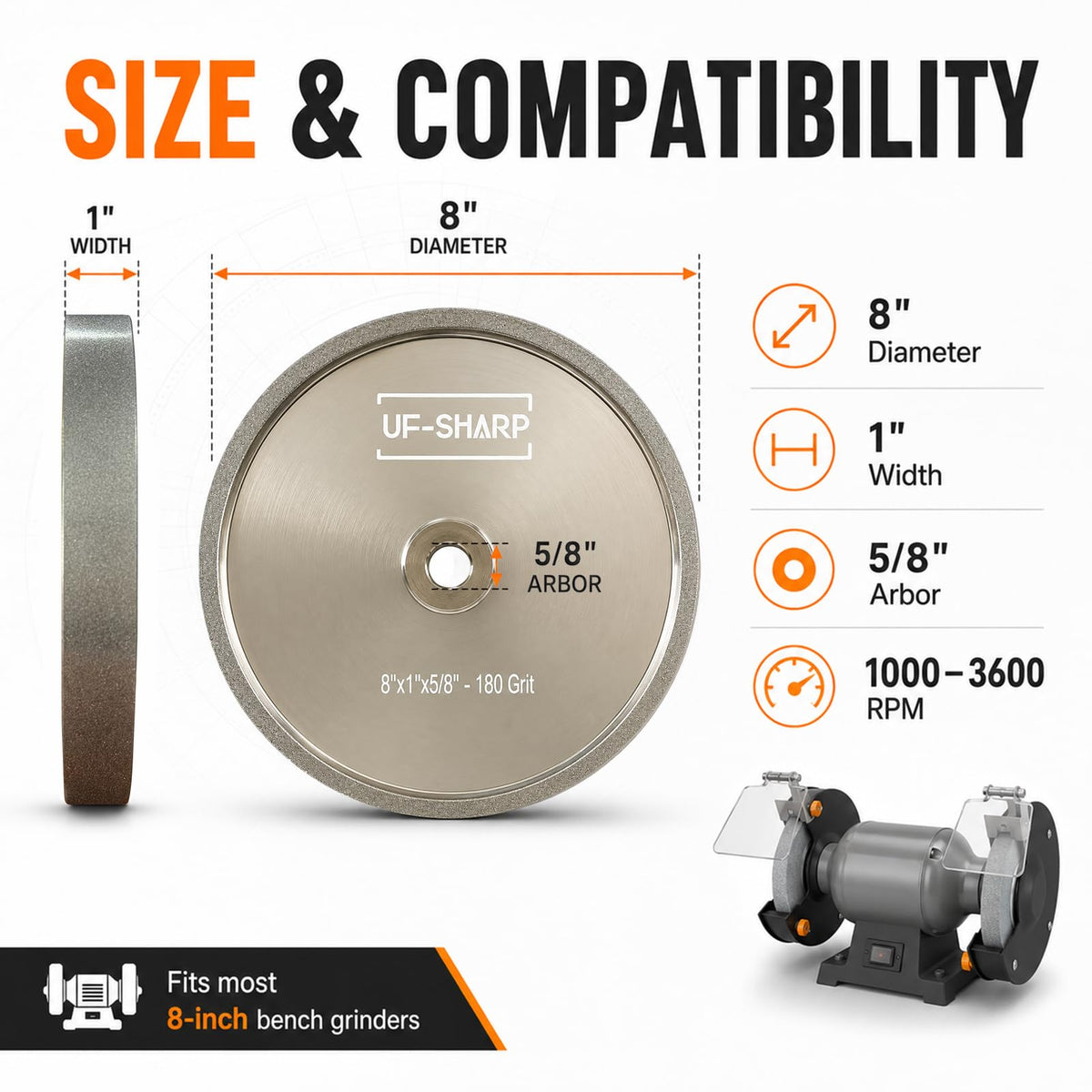 UF-Sharp CBN Grinding Wheel 8 inch 180 Grit, 1" Wide, 5/8" Arbor