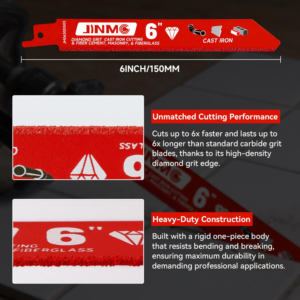 3 Pack 6 inch 40-50 Diamond-Grit Reciprocating Saw Blade