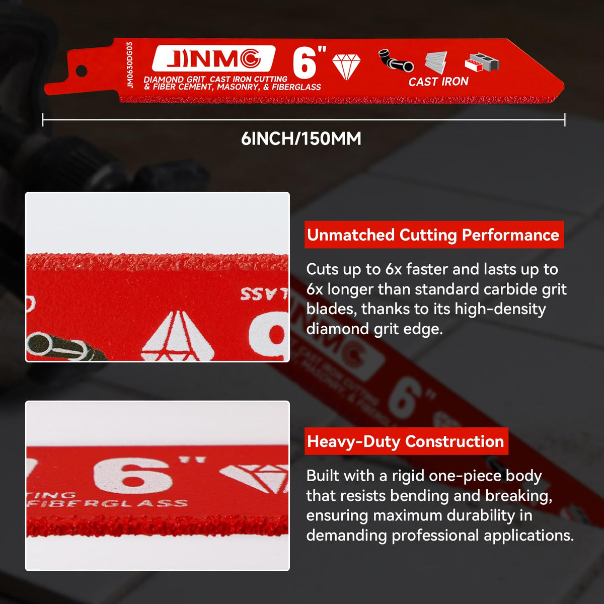 3 Pack 6 inch 40-50 Diamond-Grit Reciprocating Saw Blade