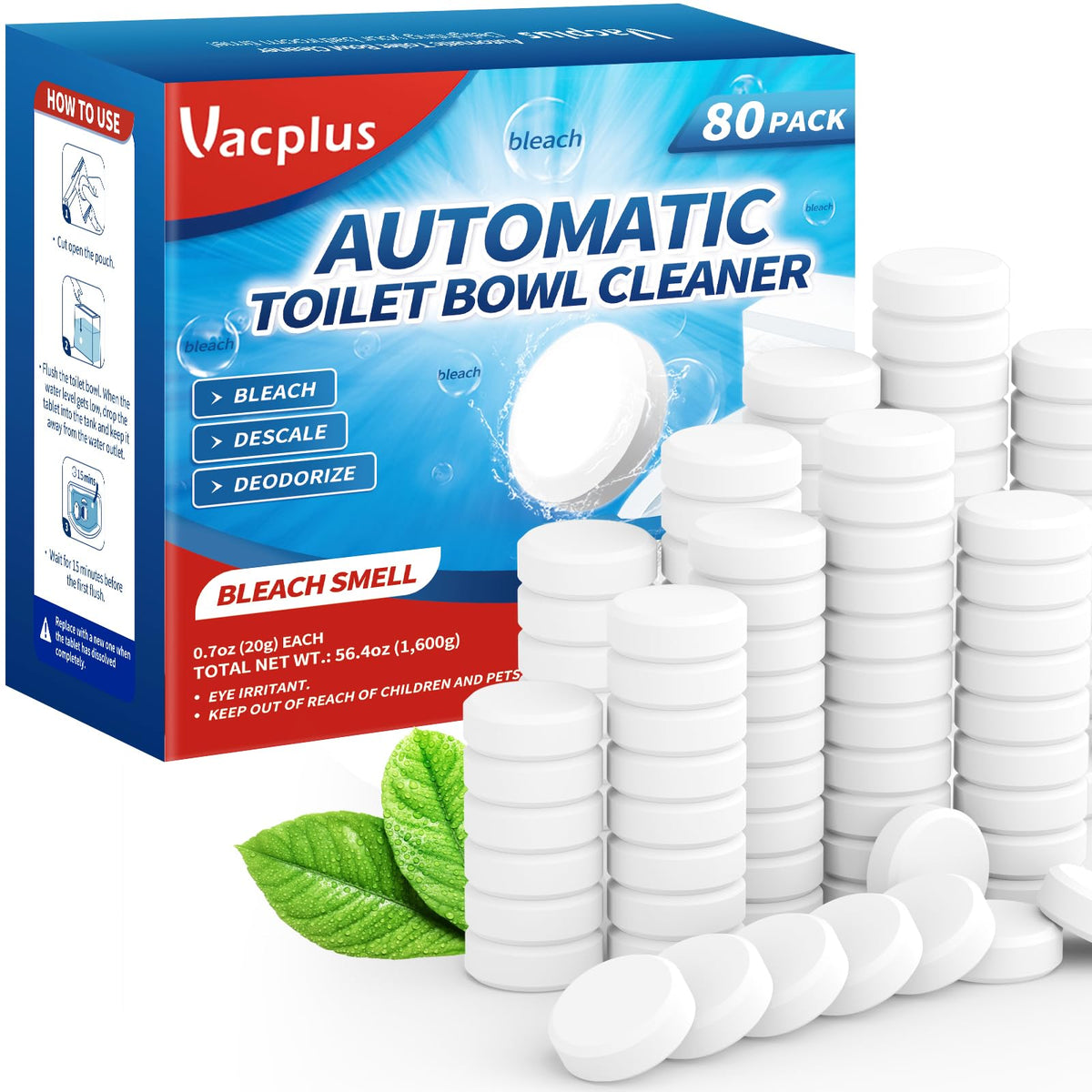 Toilet Bowl Cleaner Tablets, 80 Pack, Auto Bleach, Long-Lasting