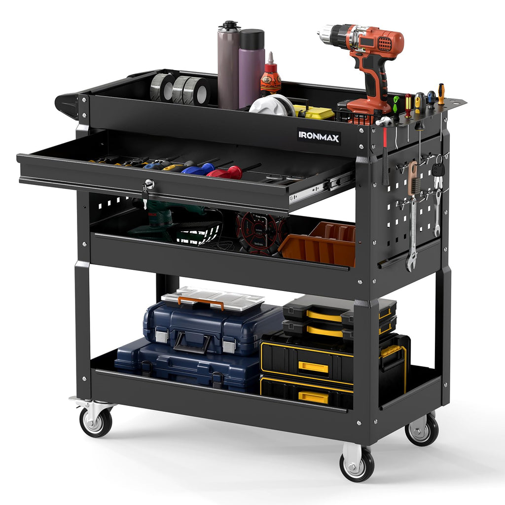 3 Tier Rolling Tool Cart with Lockable Drawer, Heavy Duty Metal Utility Cart on Wheels with Pegboards & Hooks