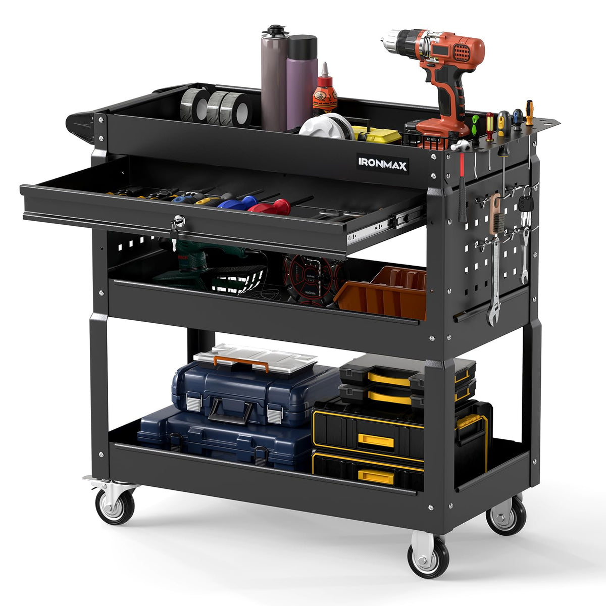 3 Tier Rolling Tool Cart with Lockable Drawer, Heavy Duty Metal Utility Cart on Wheels with Pegboards & Hooks