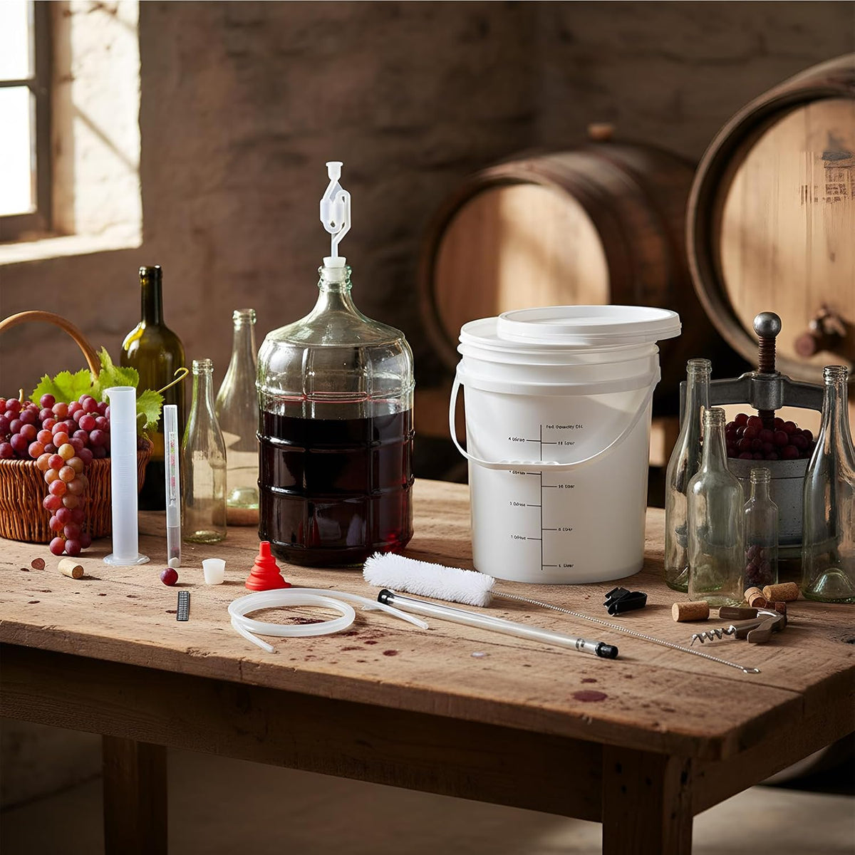 Wine Making Kit Include 3Gallon Carboy, 5Gallon Bucket and Lid, Automatic Siphon, Hydrometer, Alcohol Percentage