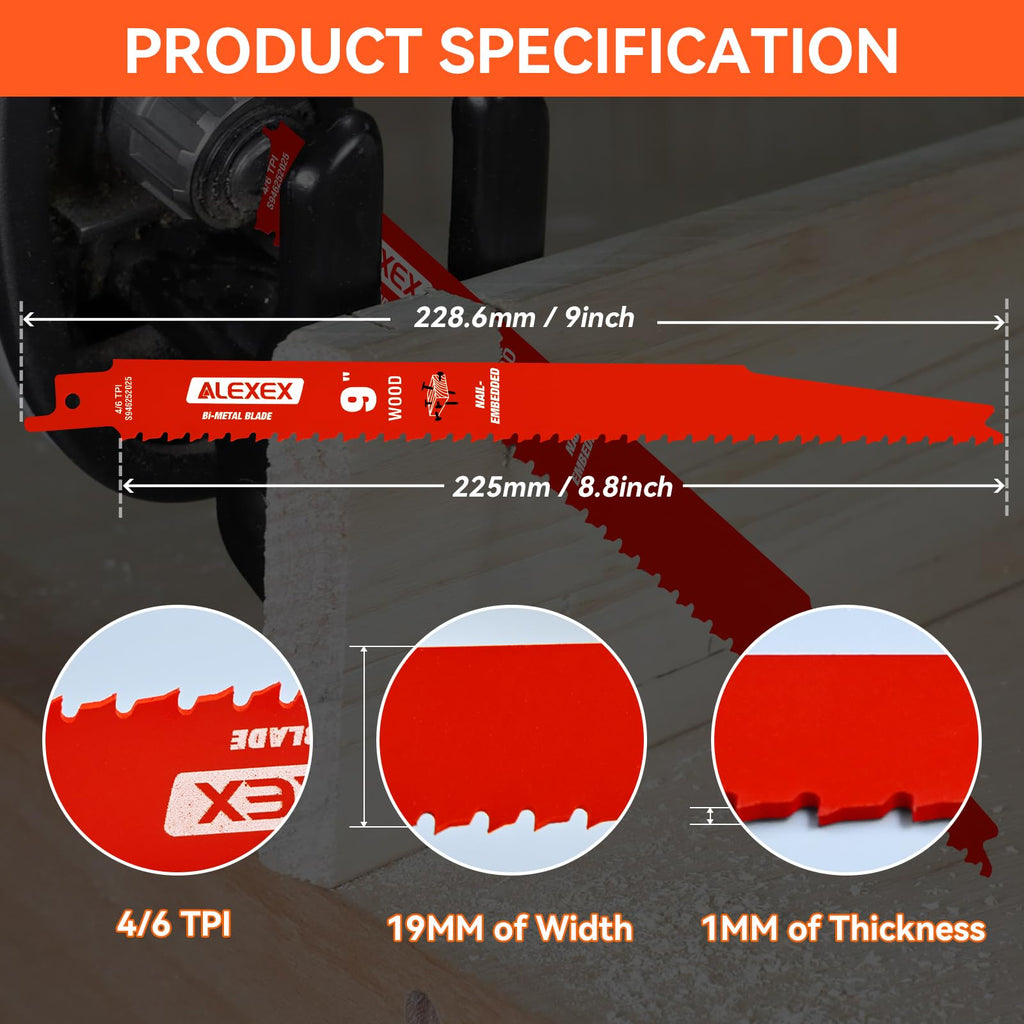 25 Pack 9 Inch 4/6 TPI Reciprocating Saw Blades for Wood and Nail-Embedded Wood Cutting, Bi-Metal Sawzall Blades for Cutting Nail and PVC Pallets etc, for Diablo Sawzall Blades DS0912BW25