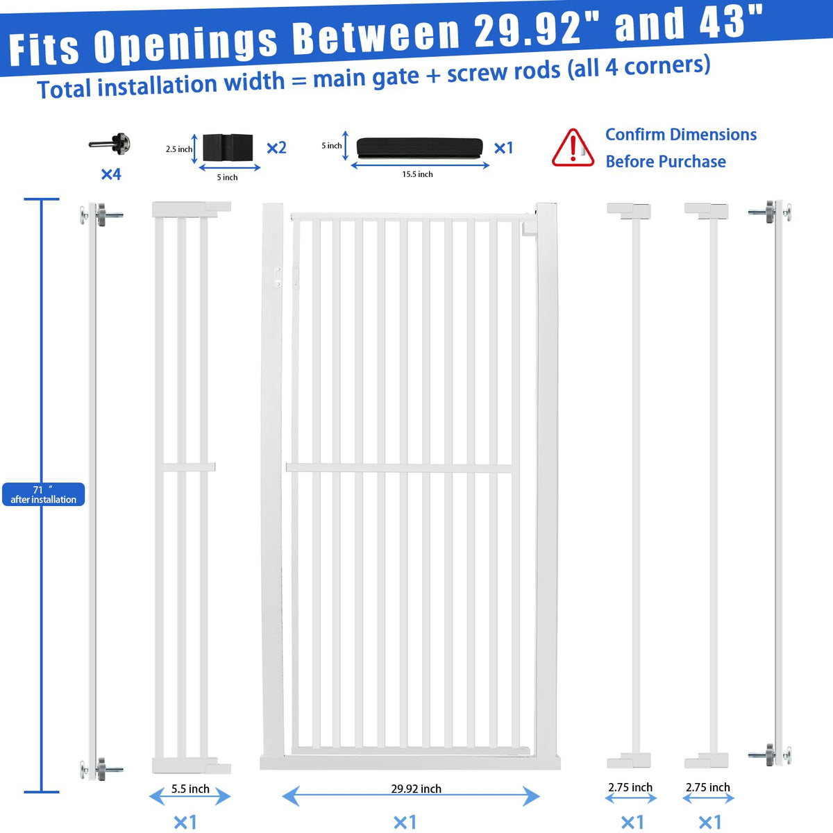 71" Extra-Tall Full-Height Anti-Jump Cat & Pet Safety Gate with Narrow Bar Spacing & Double-Lock Walk-Through Door for Doorways & Stairs