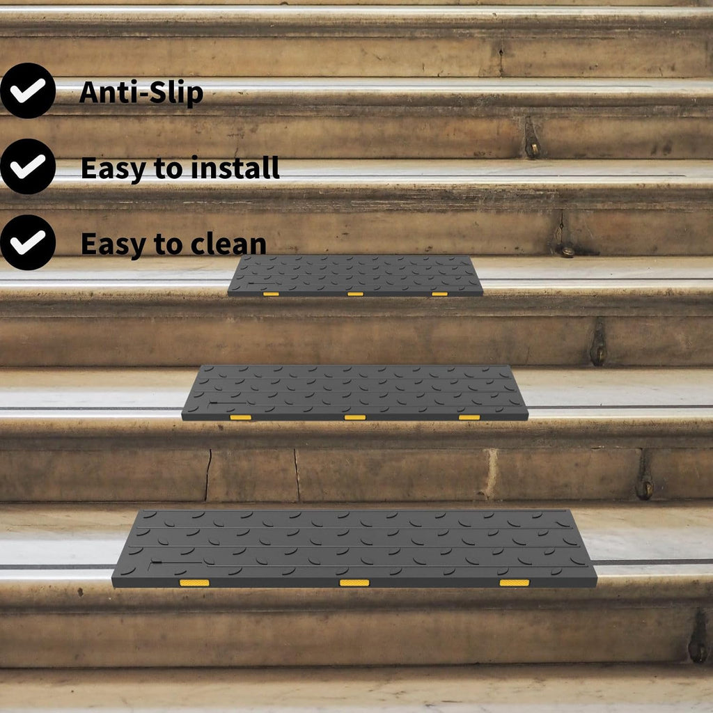 Heavy-Duty Slip-Resistant Stair Treads with Reflective Safety Strips - Universal Fit Rubber Mats for Indoor/Outdoor