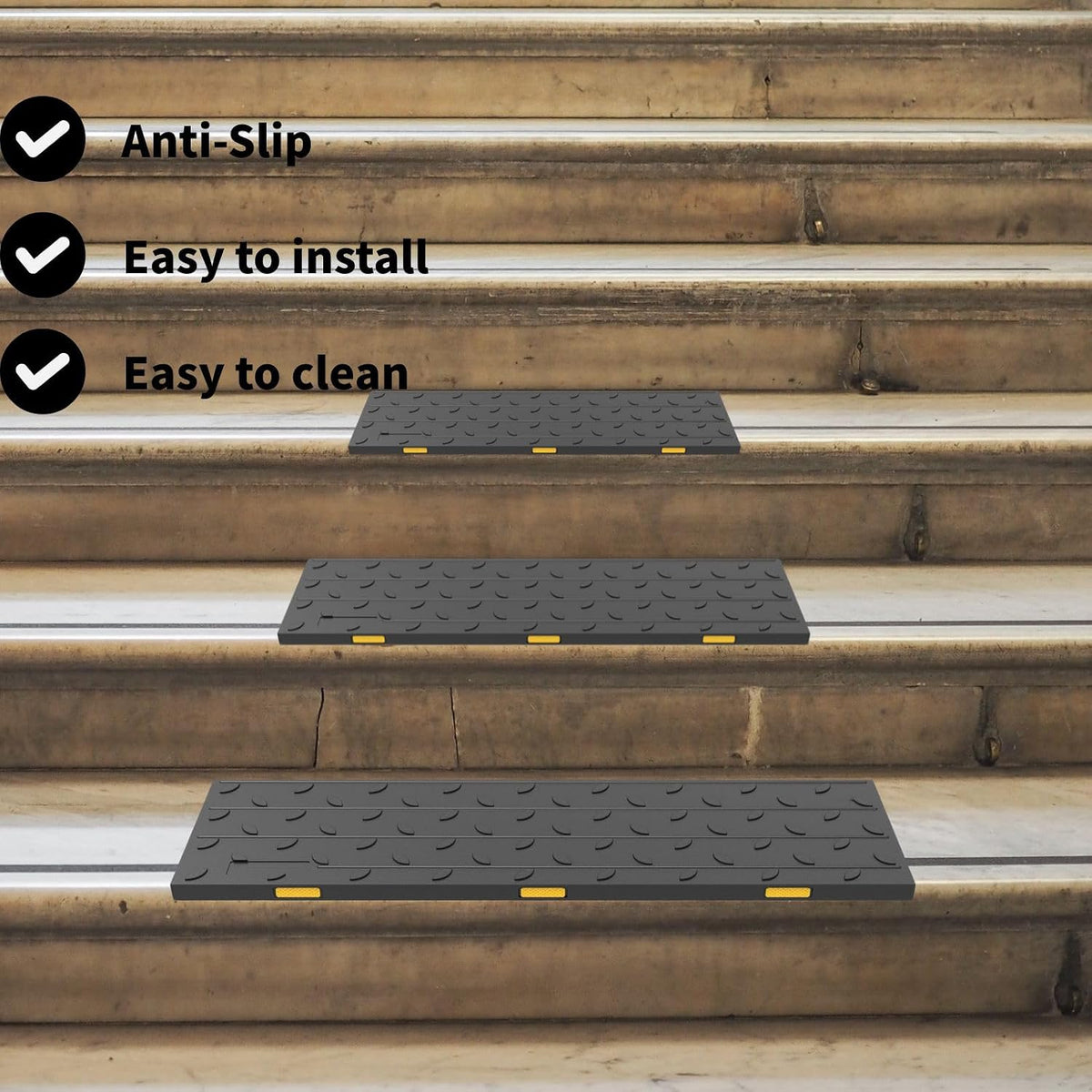 Heavy-Duty Slip-Resistant Stair Treads with Reflective Safety Strips - Universal Fit Rubber Mats for Indoor/Outdoor