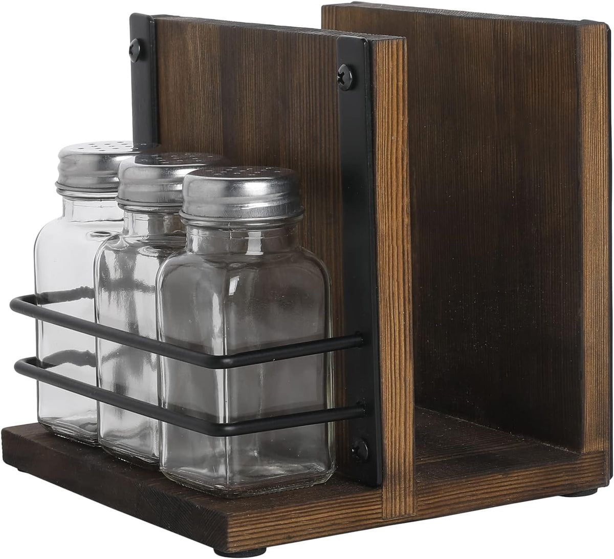 Modern Wooden and Metal Napkin Holder Caddy with 3 Glass Shakers
