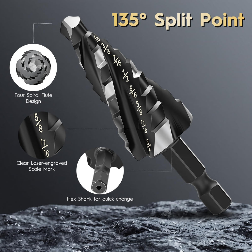 3PCS Step Drill Bit Set - Titanium Four Spiral Flute HSS Step Bit