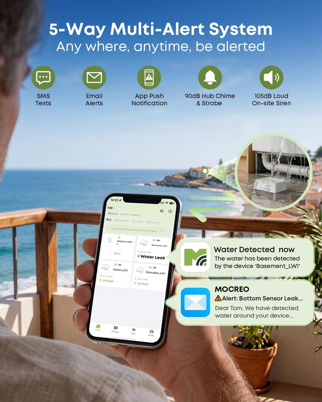 WiFi Water Leak Detector Kit, 2000ft Long Range, SMS App Email Alerts, 105dB Adjustable Alarm, Leak Severity
