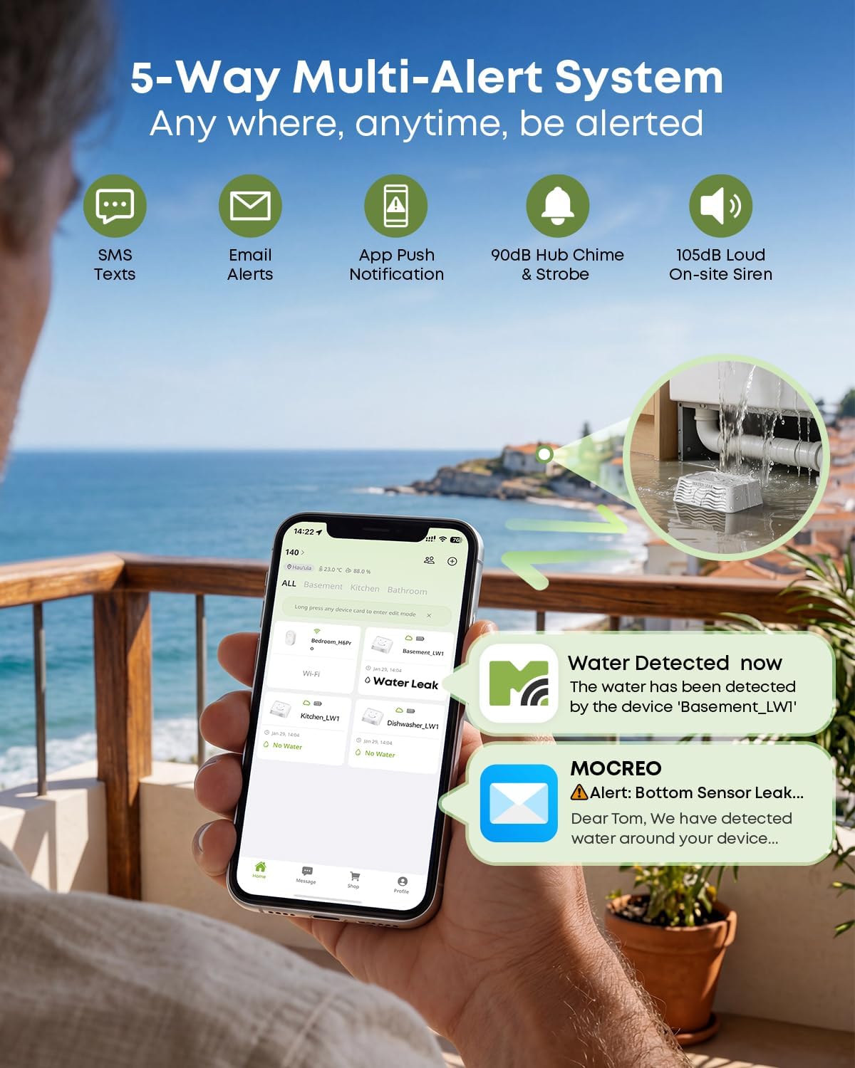 WiFi Water Leak Detector Kit, 2000ft Long Range, SMS App Email Alerts, 105dB Adjustable Alarm, Leak Severity
