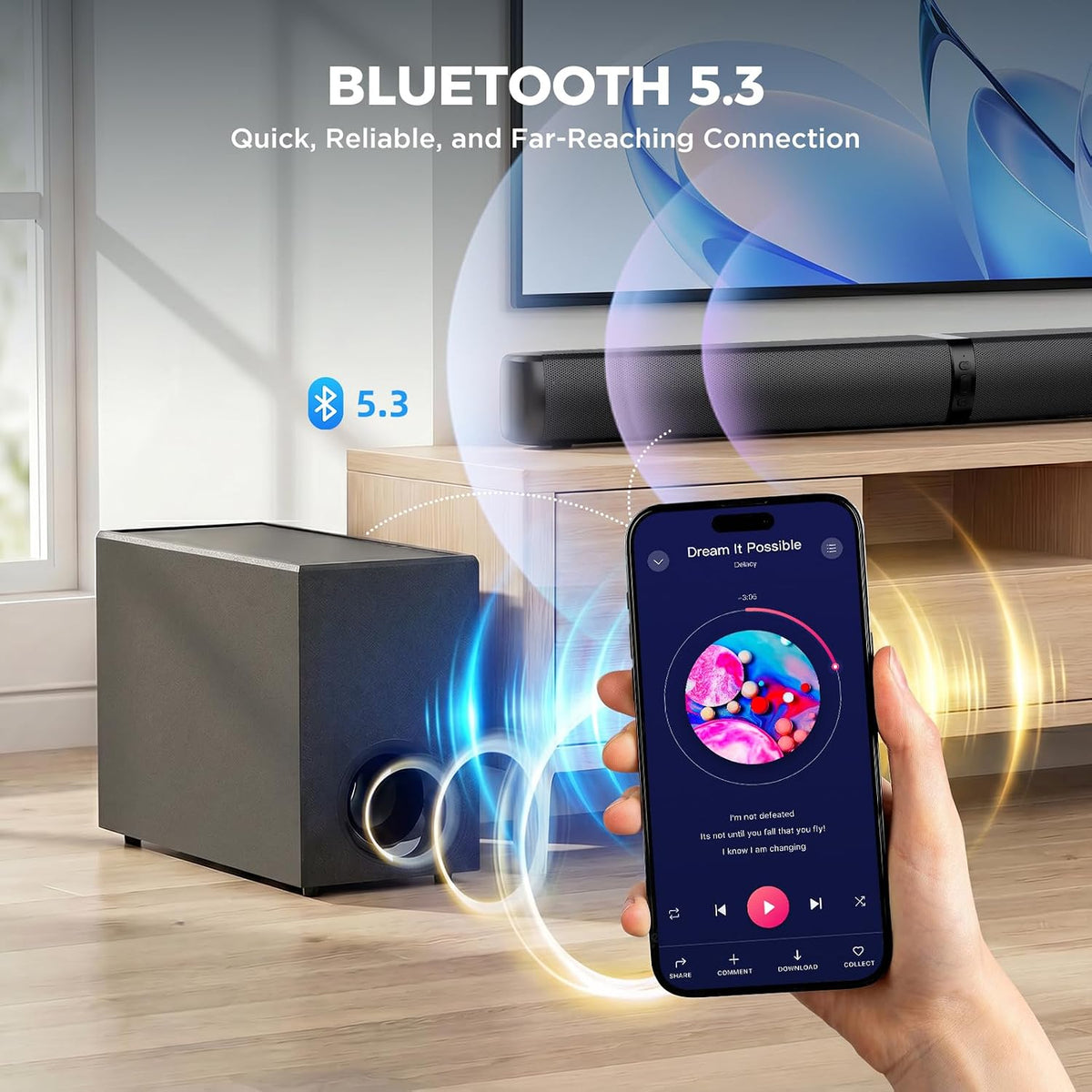 Sound Bar with Subwoofer, Soundbar for TV Speaker Sonicwave 2.1 CH 120W Detachable 2-in-1 Home Audio System with DSP