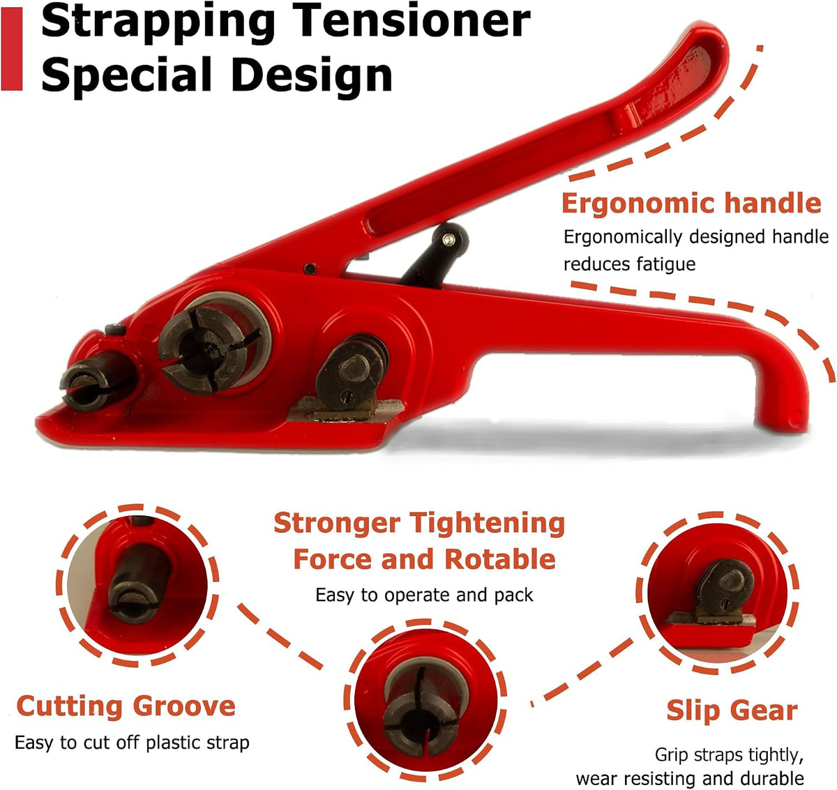 Heavy Duty Poly Strapping Tensioner with Cutter - Manual Strap Tool for 1/2"-3/4" PET & PP Strap, Durable Tensioner