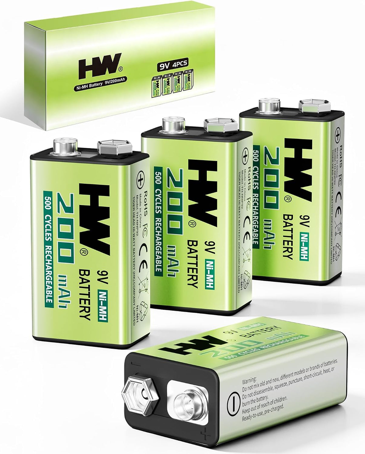 9V Rechargeable Batteries 4 Pack, NiMH 200mAh for Multimeters & Radios | 4-pack 200mAh NiMH rechargeable 9V batteries