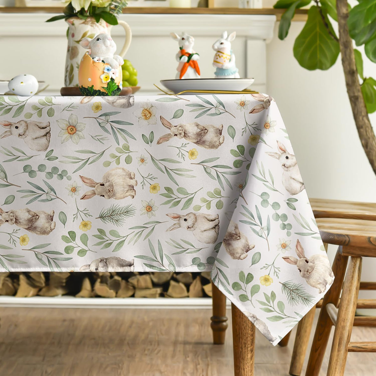 Easter Tablecloth 60 x 84 Inch Rectangular Bunny Rabbits Pine