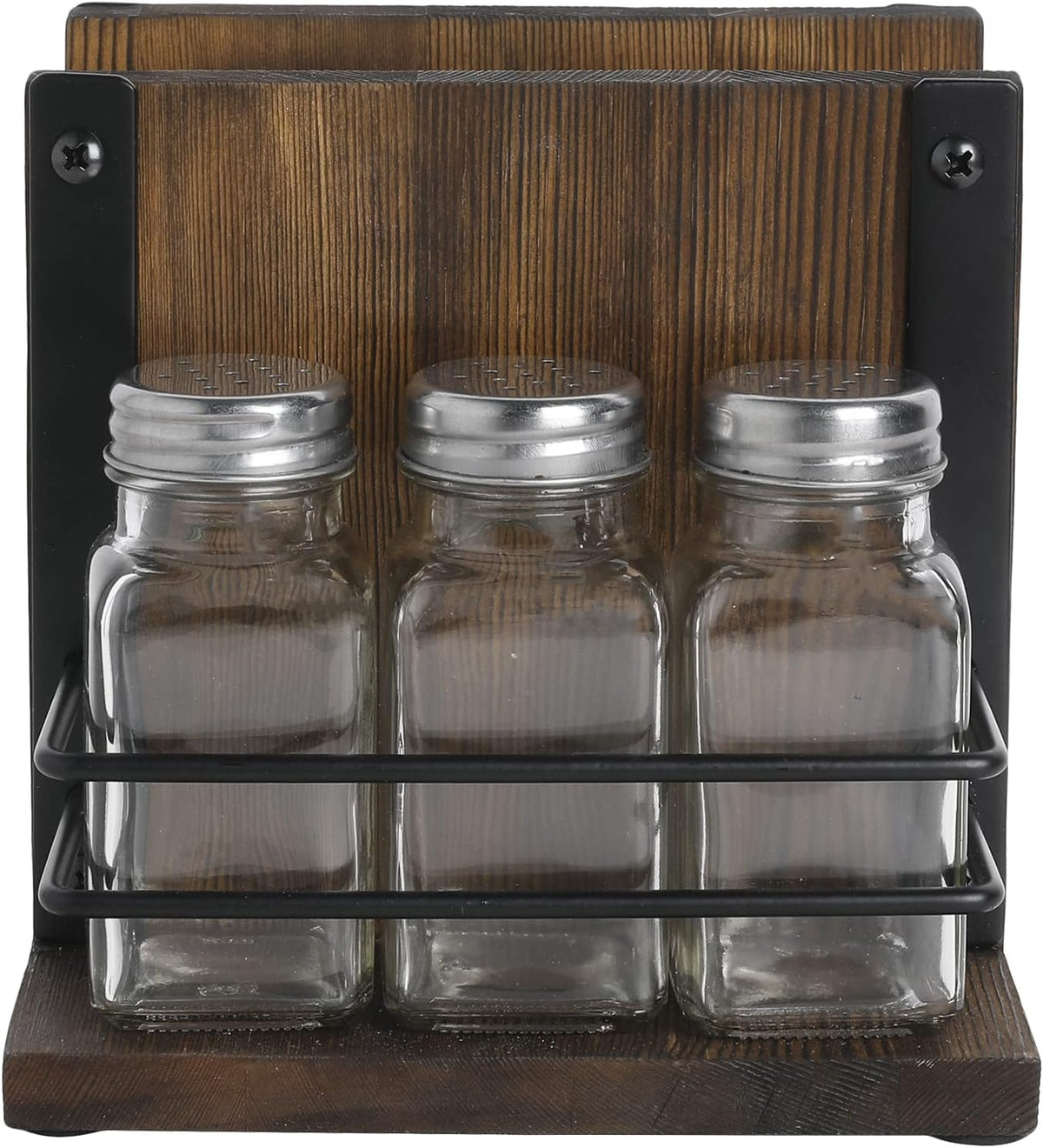 Modern Wooden and Metal Napkin Holder Caddy with 3 Glass Shakers