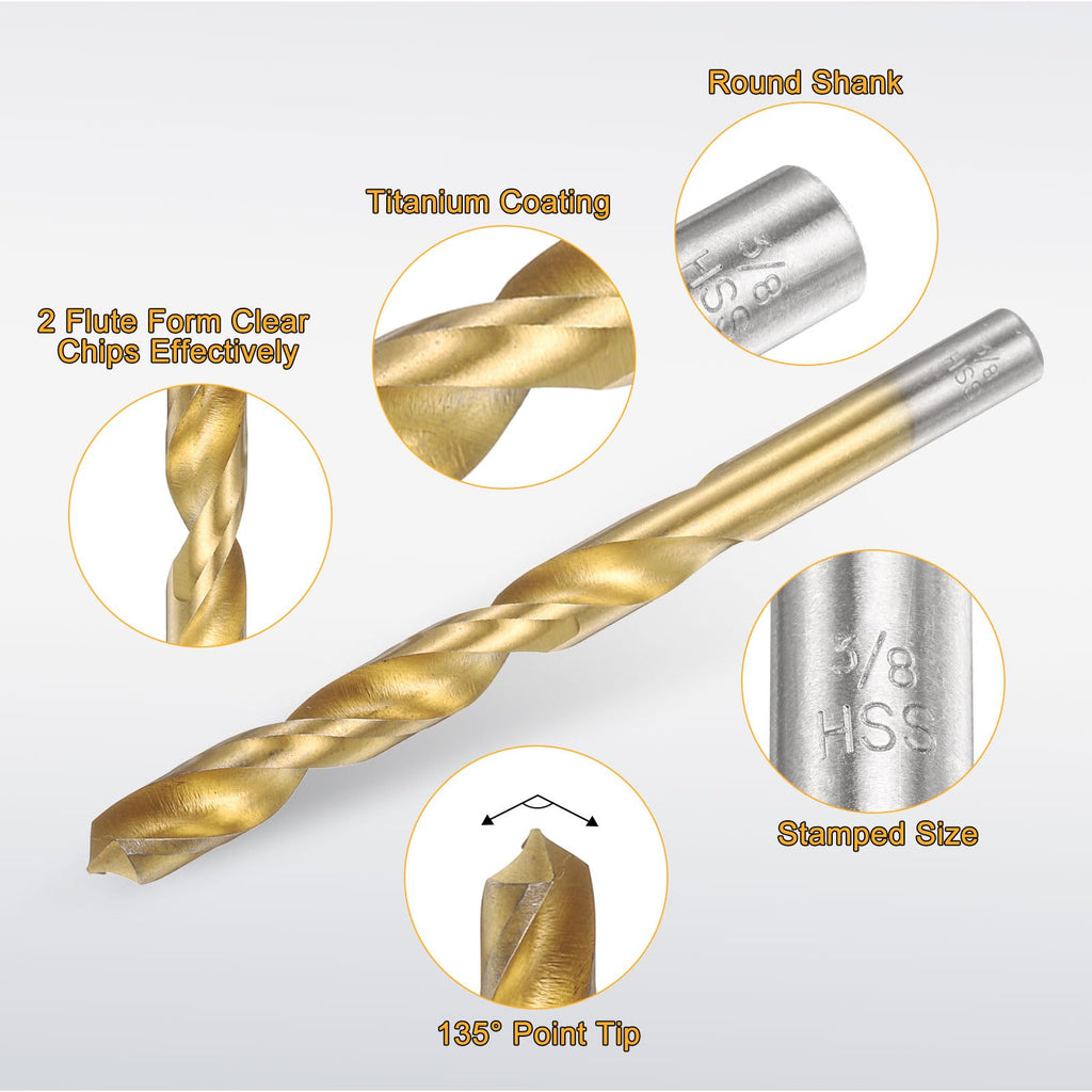 uxcell 6pcs Titanium Twist Drill Bit 3/8" Drilling Dia High Speed Steel Drills for Hardened Metal, Stainless Steel, Cast Iron, Wood, Plastic