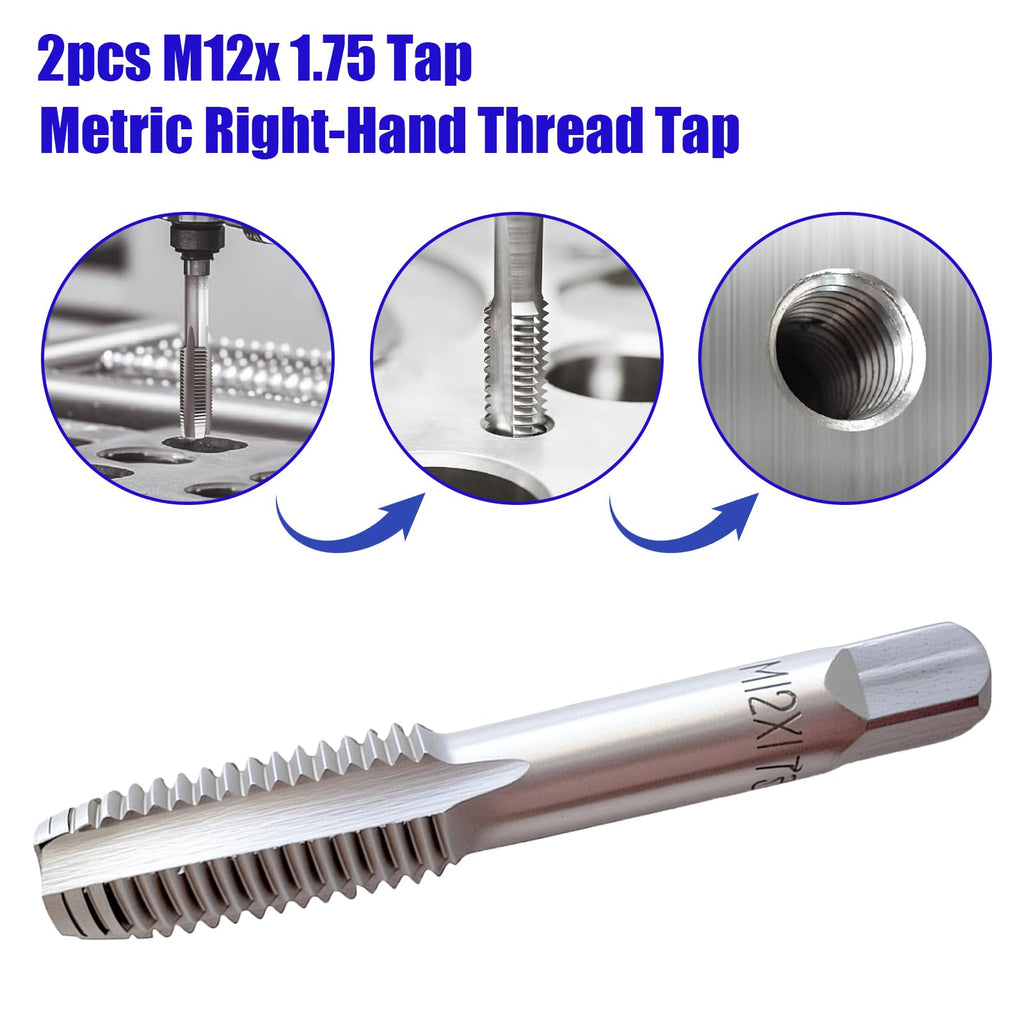 2Pack M12 x 1.75 Metric Thread Tap, M12 x 1.75mm High-Speed Steel Hand Tap,Right Hand Thread Tap 1Pair