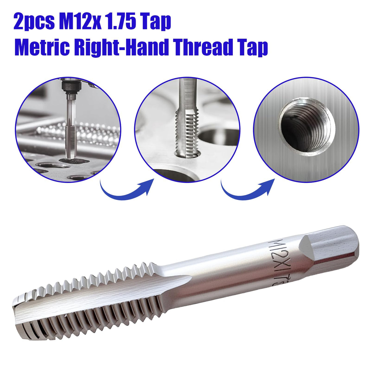 2Pack M12 x 1.75 Metric Thread Tap, M12 x 1.75mm High-Speed Steel Hand Tap,Right Hand Thread Tap 1Pair