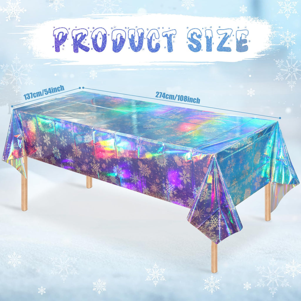 3 Pack Iridescent Winter Snowflake Plastic Tablecloth Decorations, Holographic Blue and Purple Snowflake Winter