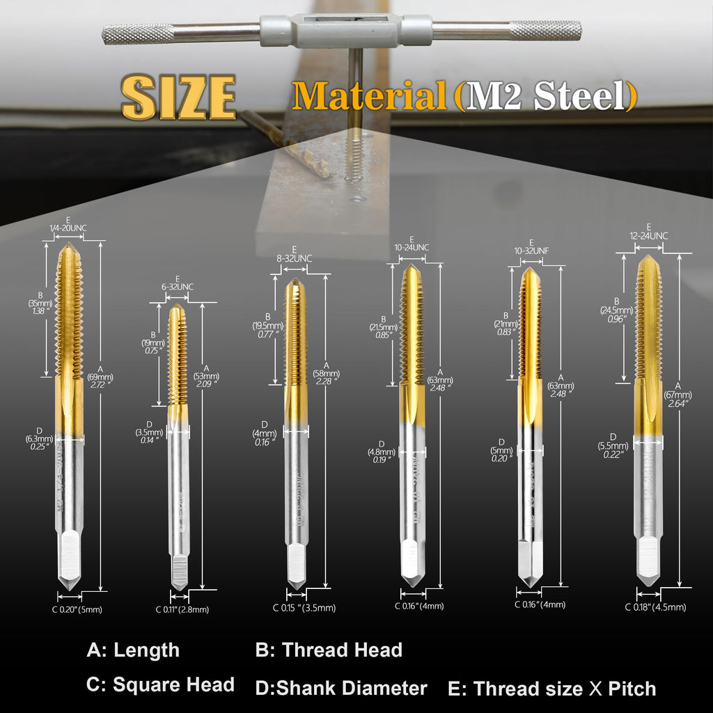 6Pcs SAE Tap Set with 1Pc Tap Wrench for Metal,6-32 UNC to 1/4"-20 UNC