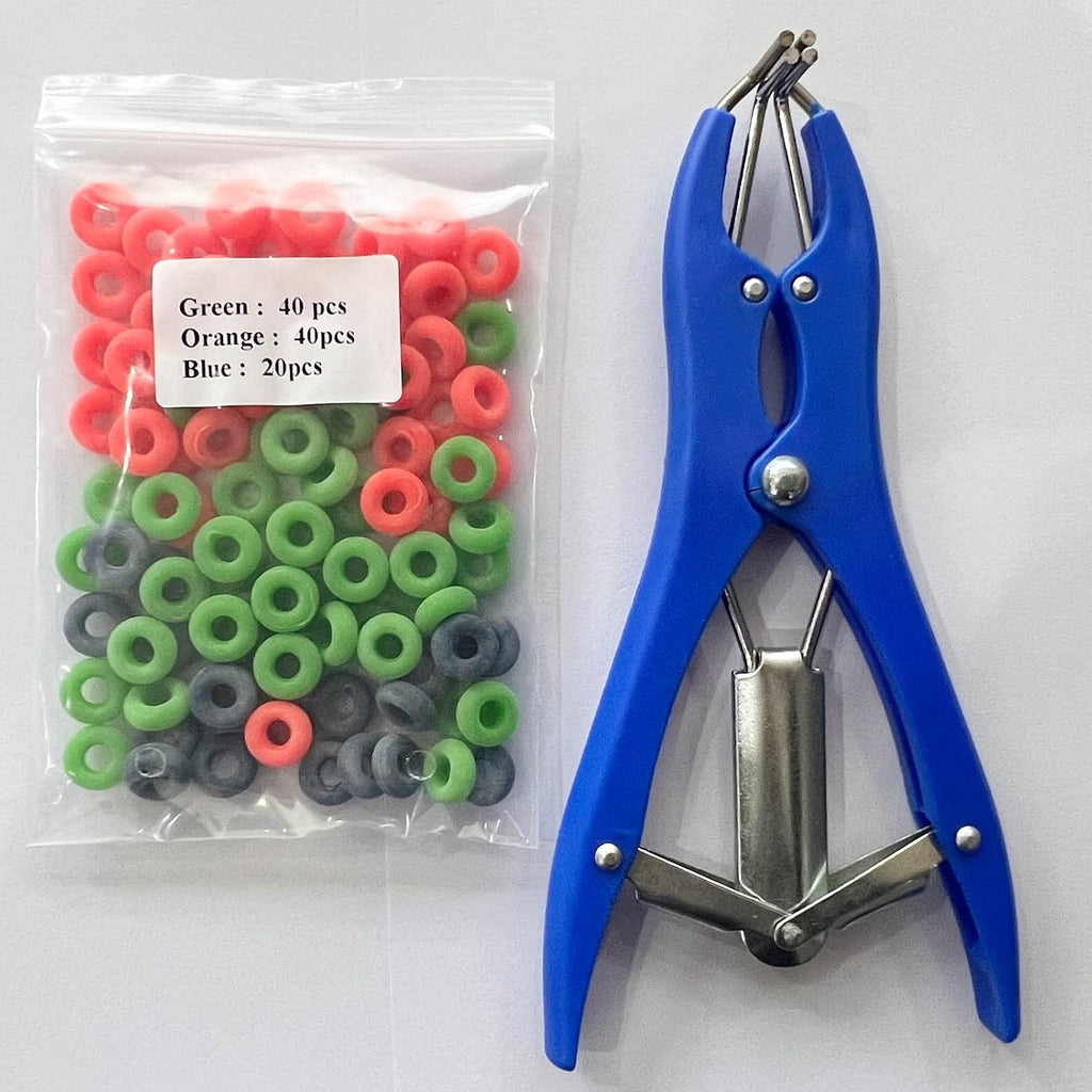 Goat Banding Tools Livestock Bander and Bands Kit with 1pc Expander Plier, 100pcs Rings (Blue Orange and Green)
