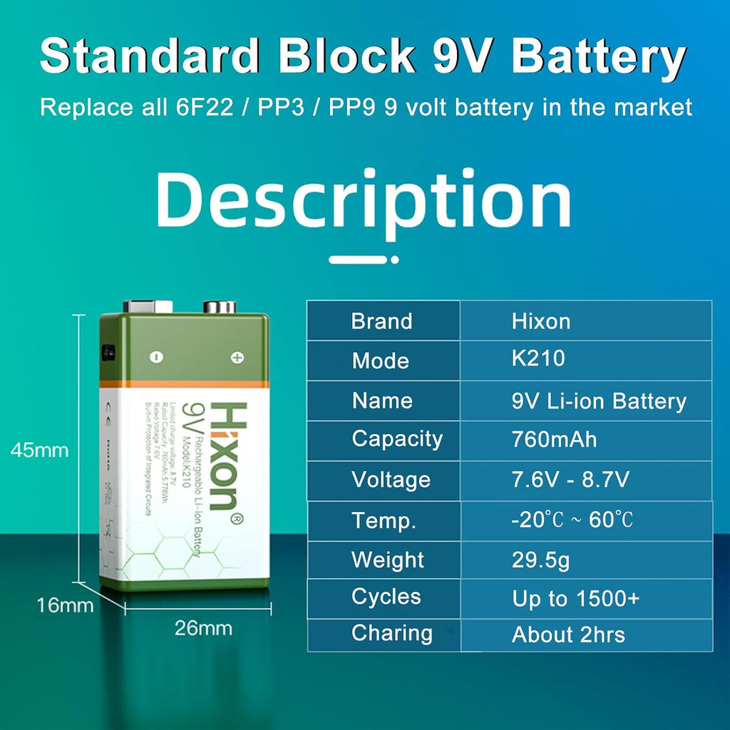 USB 9V Rechargeable Lithium Batteries - Long-Lasting 760mAh 9 Volt LI-ion Batteries with Type C Charging Cable - for