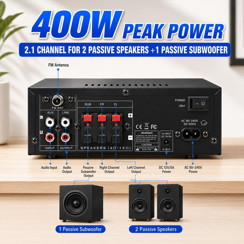 Bluetooth 5.0 Stereo Amplifier, 2.1 Channel 400W Home Audio Stereo Receiver for 2 Passive Speakers & Passive