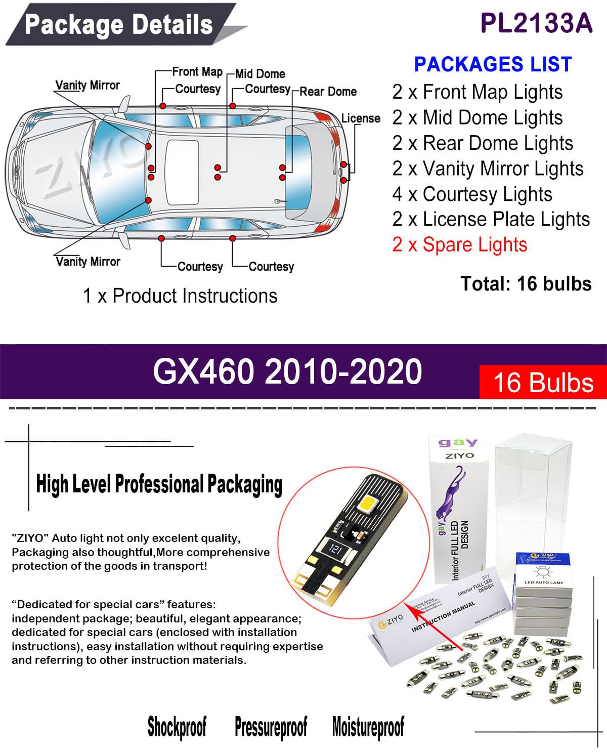 ZIYOLIGHT PL2133A - LED Interior Light kit for Lexus GX460 2010-2020 Dome Light Bulbs Replacement Package, 6000K Xenon White LED Lights Accessories Upgrade Error Free (16 Bulbs)