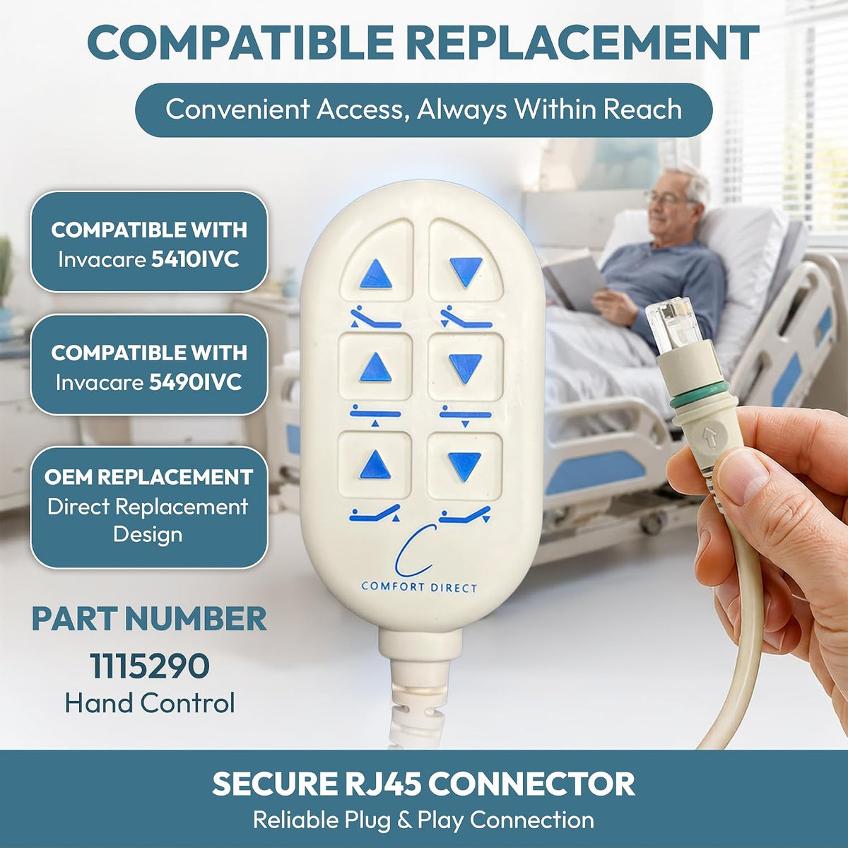1115290 Replacement Bed Pendant for Invacare Full Electric Hospital Beds 5410IVC & 5490IVC – 6-Button Hand Control with 10-Pin Phone Style Connector – Homecare Bed Remote with 3-Year Warranty