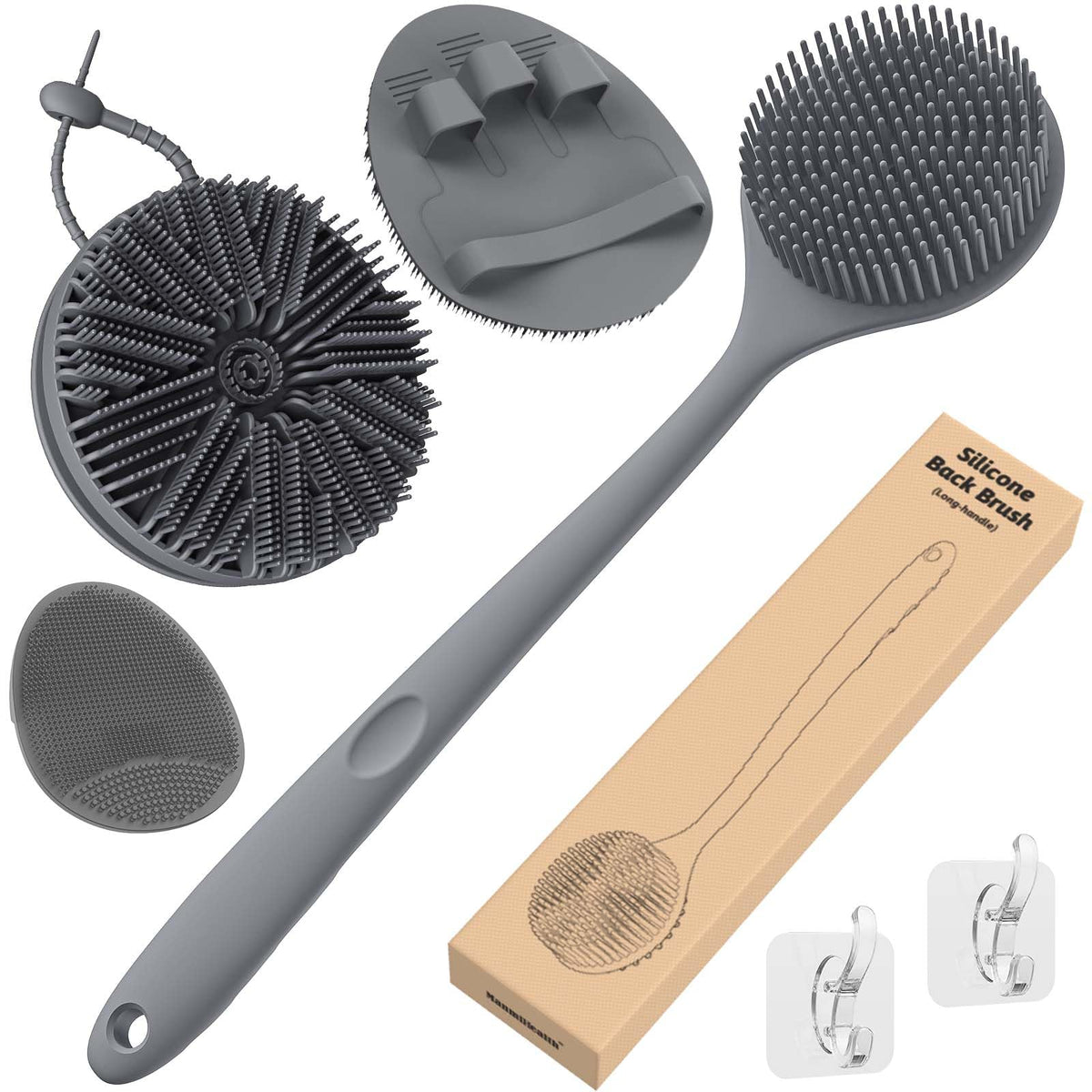 Silicone Body Scrubber Shower Brush Set Thin Bristles Gray