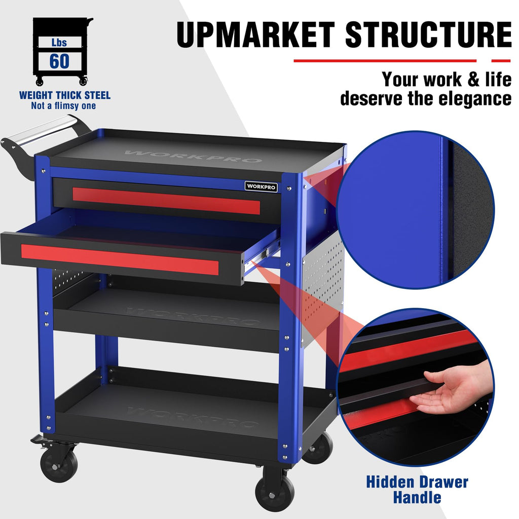 Premium 28" 2-Drawer Rolling Tool Cart, Heavy Duty Utility Industrial Service Cart Storage Organizer with Wheels and