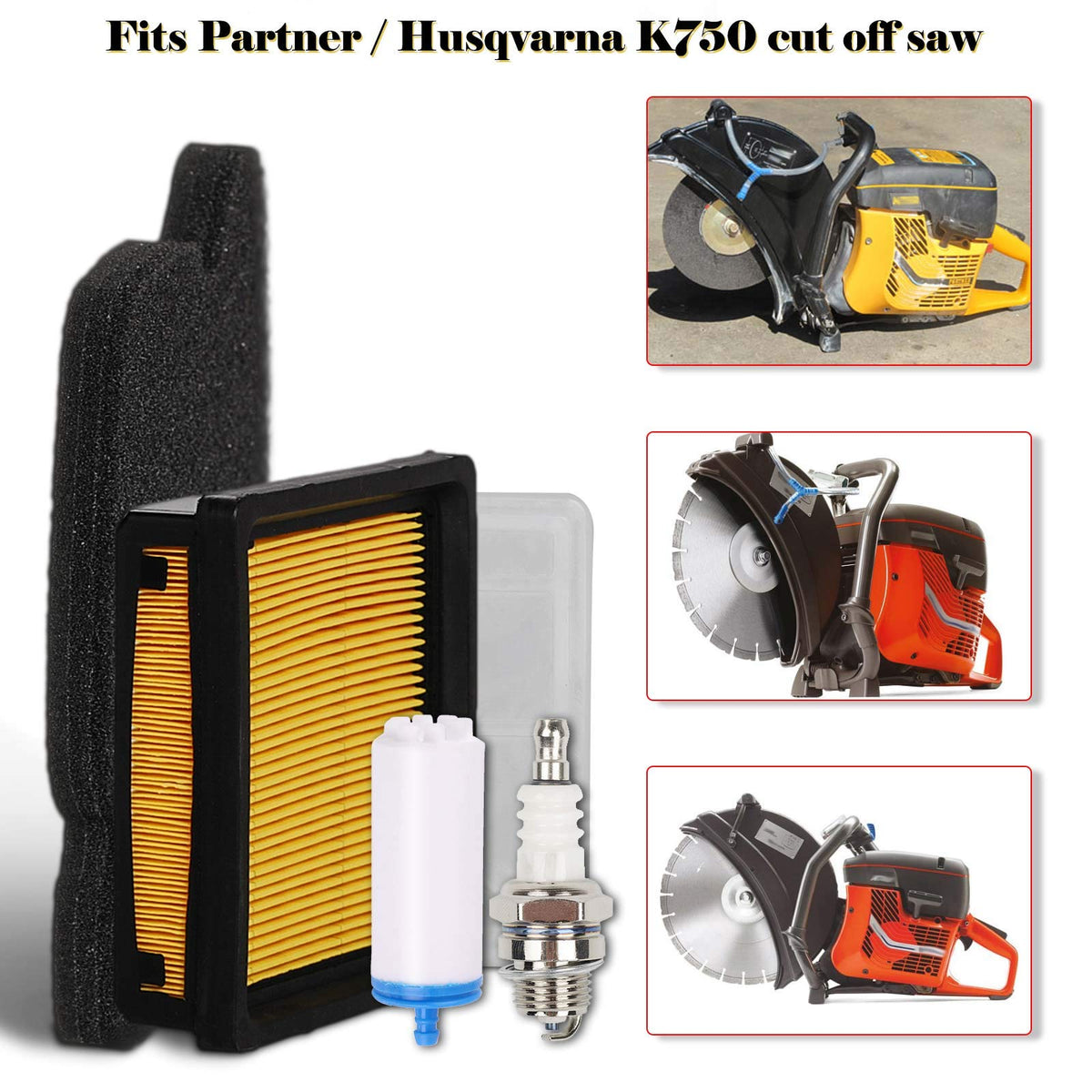 HIFROM Air Pre Inner Filter Combo Fuel Filter Spark Plug Tune Up Kit Compatible with Husq-varna Partner Concrete Cut Off Saw Power Cutter K750 K 750 506 36 72-01 506 36 72-02