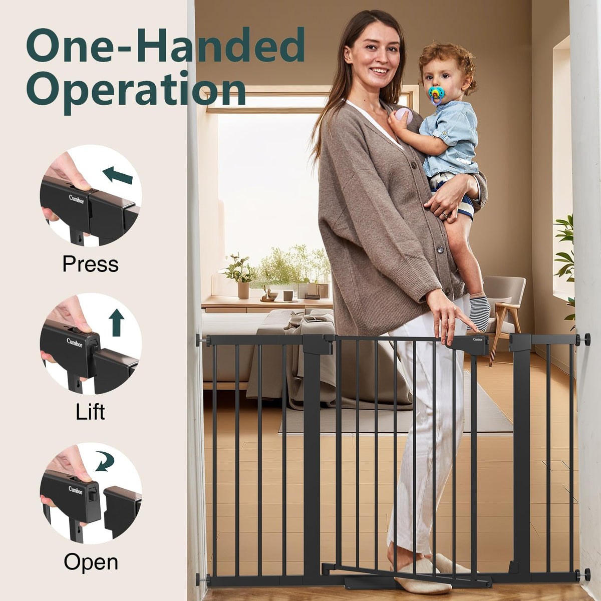30-48" Adjustable Hardware/Pressure-Mounted Pet & Child Safety Gate with Auto-Close Walk-Through Door for Stairs, Hallways & Wide Doorways — Black