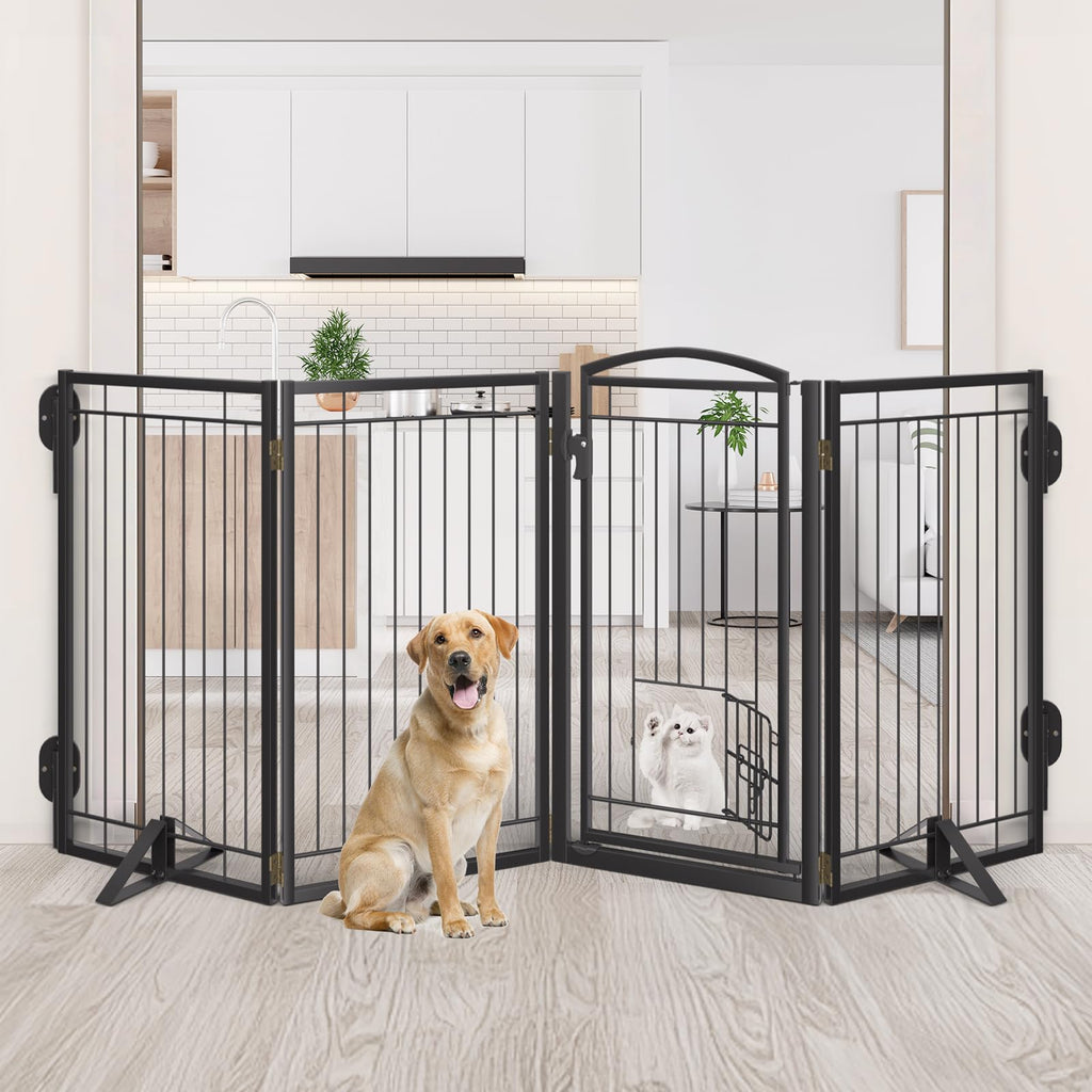 36" Tall x 120" Freestanding Heavy-Duty Steel Folding Pet & Dog Barrier Gate with Support Feet for Wide Indoor Openings, Hallways & Stairs