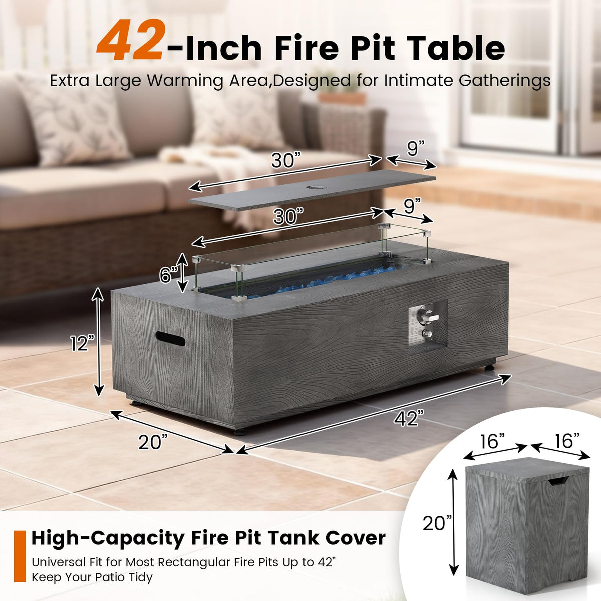42" Rectangular Outdoor Propane Fire Pit Table for Outside Patio