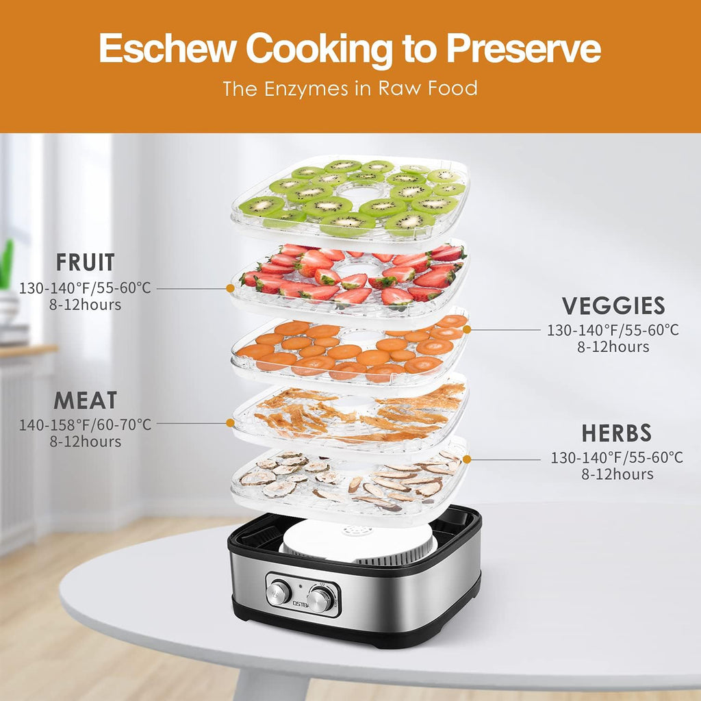 Food Dehydrator, 5 Trays, 240W Dryer for Jerky, Fruit & Veggies | BPA-Free Trays | 95-158℉ Temp | 72H Timer | 360°